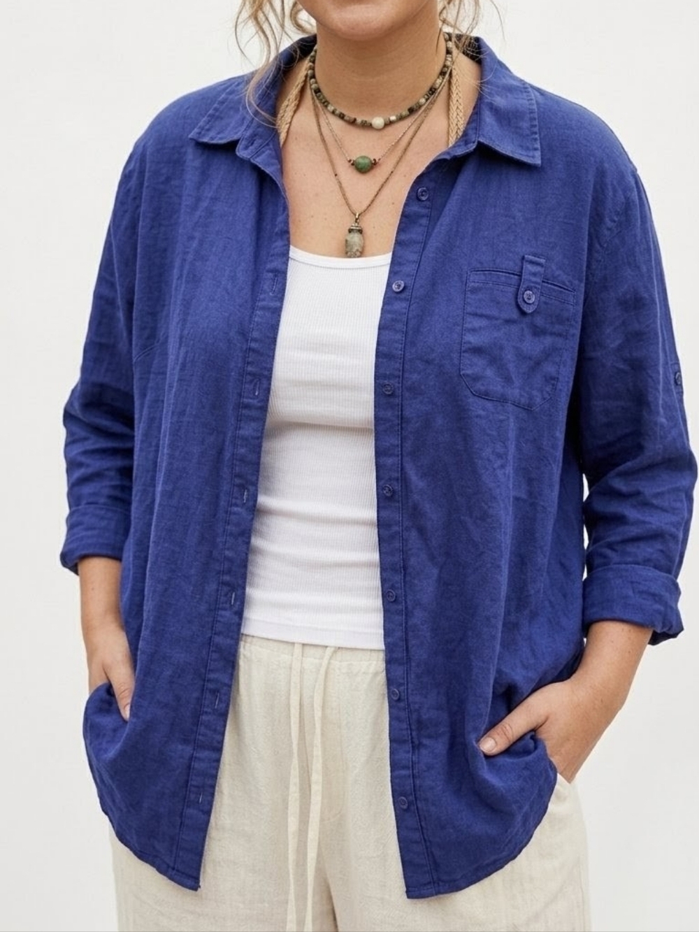 Jaclyn Smith Blue Linen Button Down | Granola Girl Boho Chic | Size XL